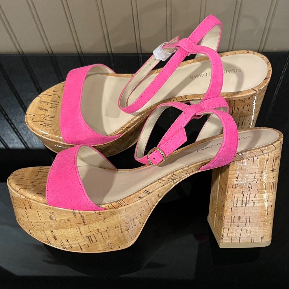 Stuart Weitzman Gala Mid Pink Flamingo Fuchsia Suede Cork Platform Heels Sandals